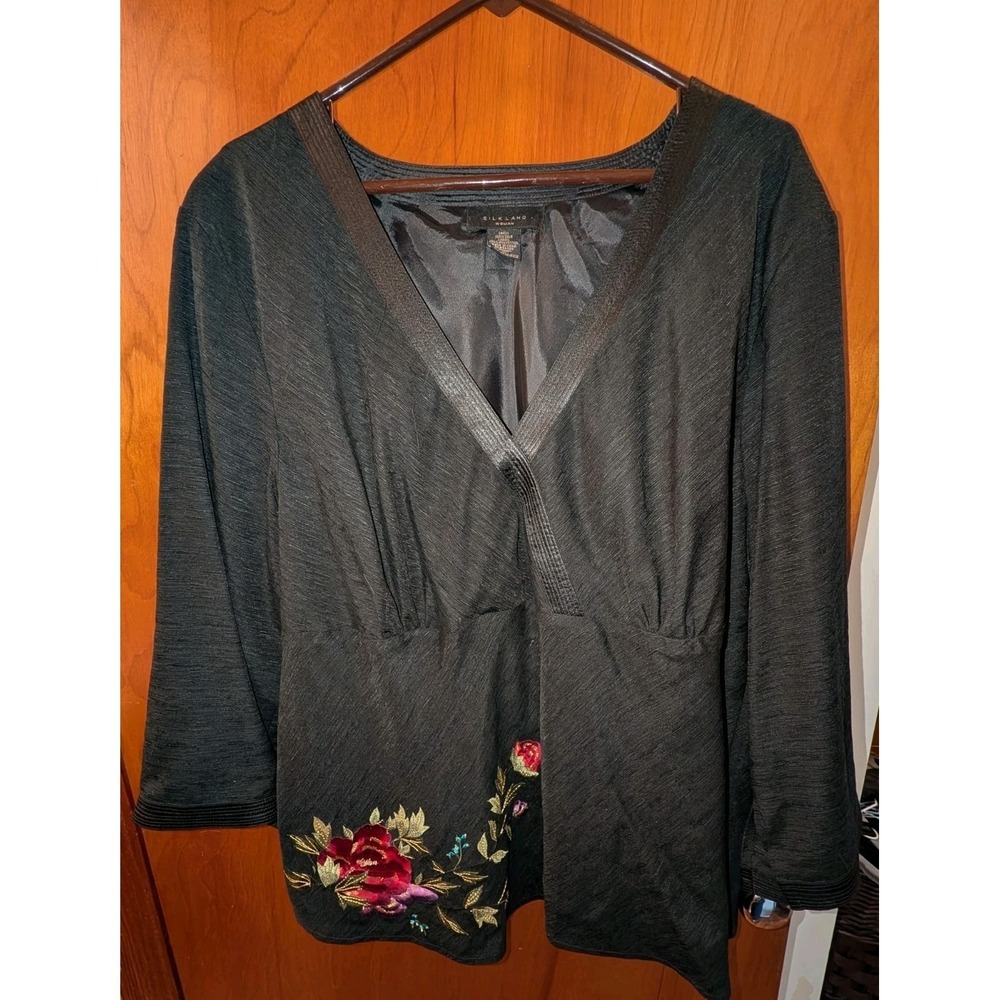 Silkland Women's Vintage 90s Black 100% Silk V-neck Floral Blouse Shirt Size 3x
